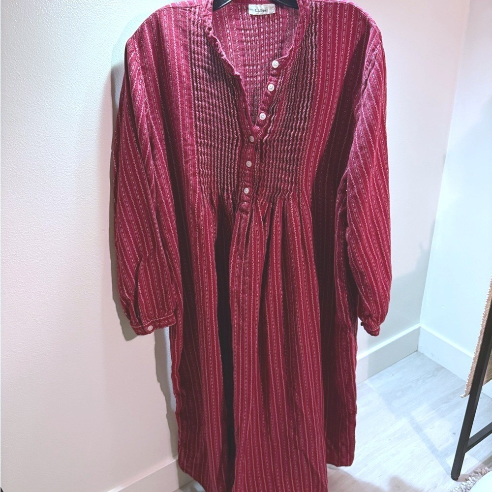 LL Bean Traditional sleep tunic red nightgown midweight‎ maxi Textured knit XL